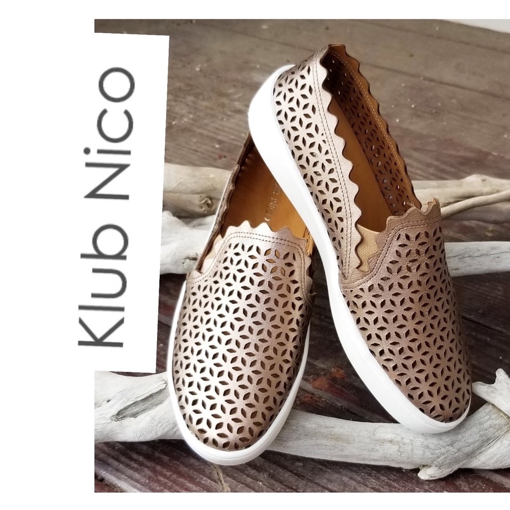 Klub Nico Rose Gold Laser Cut Brazilian Leather Scalloped Slip On Flats Sz 12
